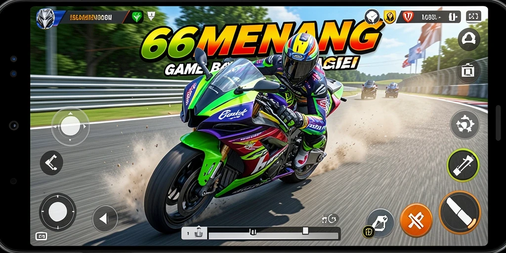 Screenshot utama 66MENANG menampilkan aksi balapan motor yang mendebarkan.