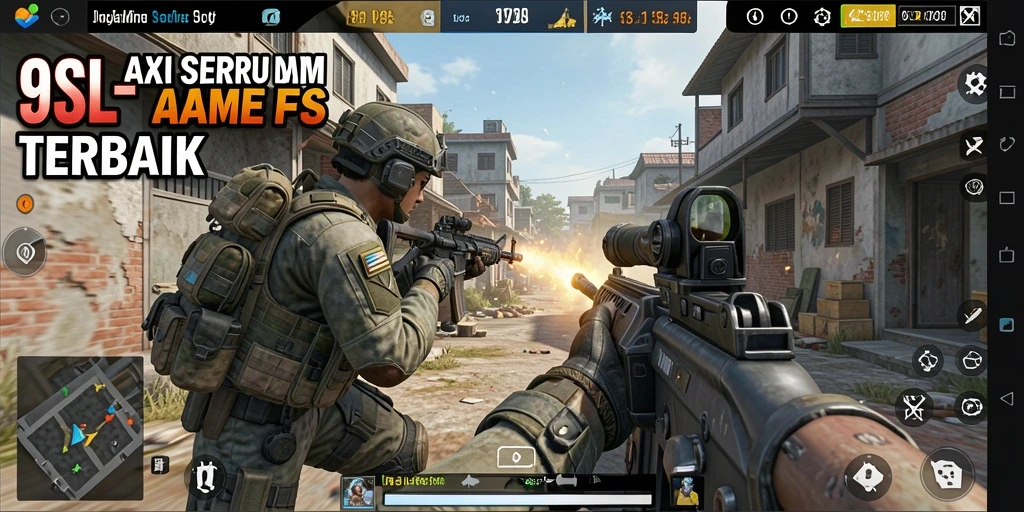 Screenshot gameplay 9SL menunjukkan aksi mendebarkan dalam pertempuran FPS.