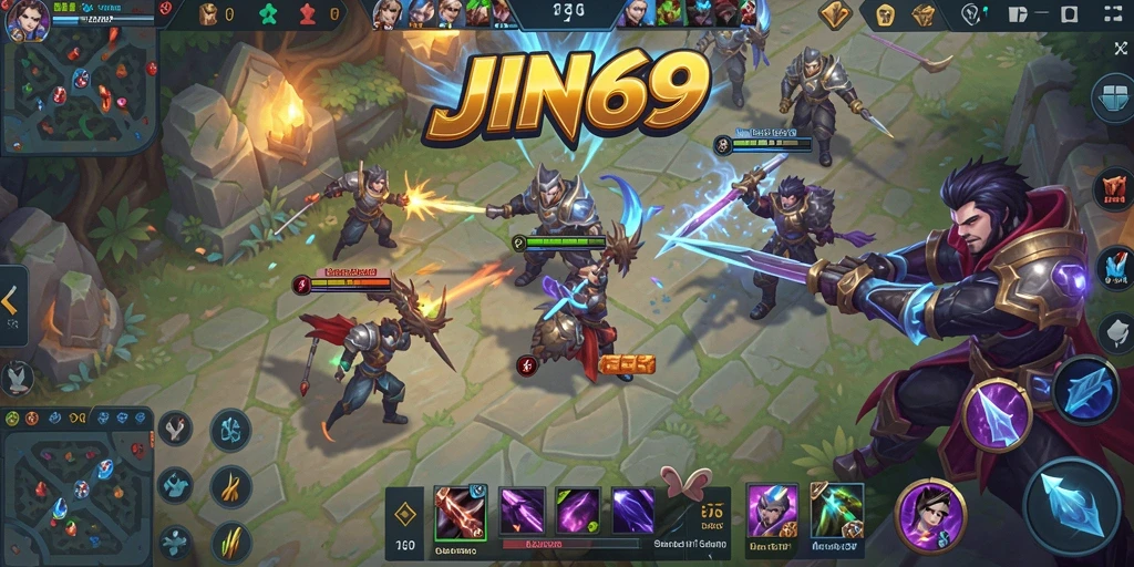 Screenshot utama JIN69 menampilkan pertempuran epik dalam gameplay MOBA.