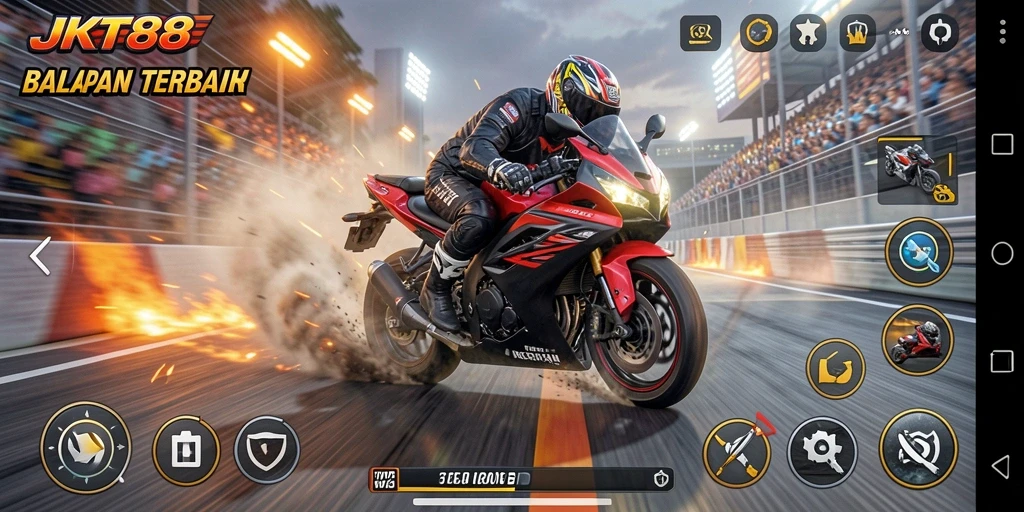 Screenshot gameplay JKT88 menampilkan aksi balapan motor yang seru.