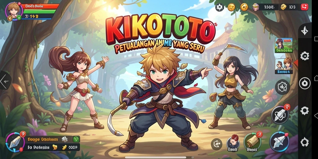 Tangkapan layar KIKOTOTO menampilkan pertarungan karakter anime yang epik.