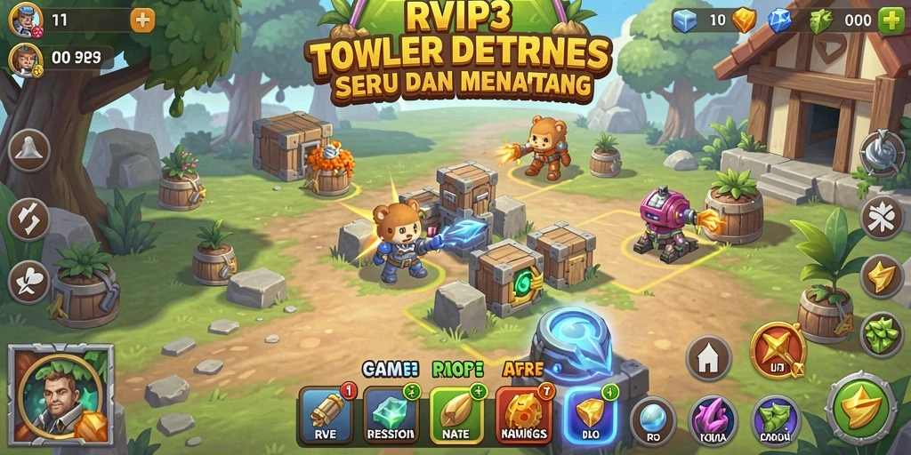 Tampilan gameplay seru dari RVIP3 menampilkan menara dan gelombang musuh.