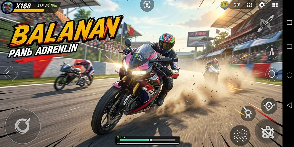 Screenshot yang menampilkan aksi balapan motor yang seru di X168.